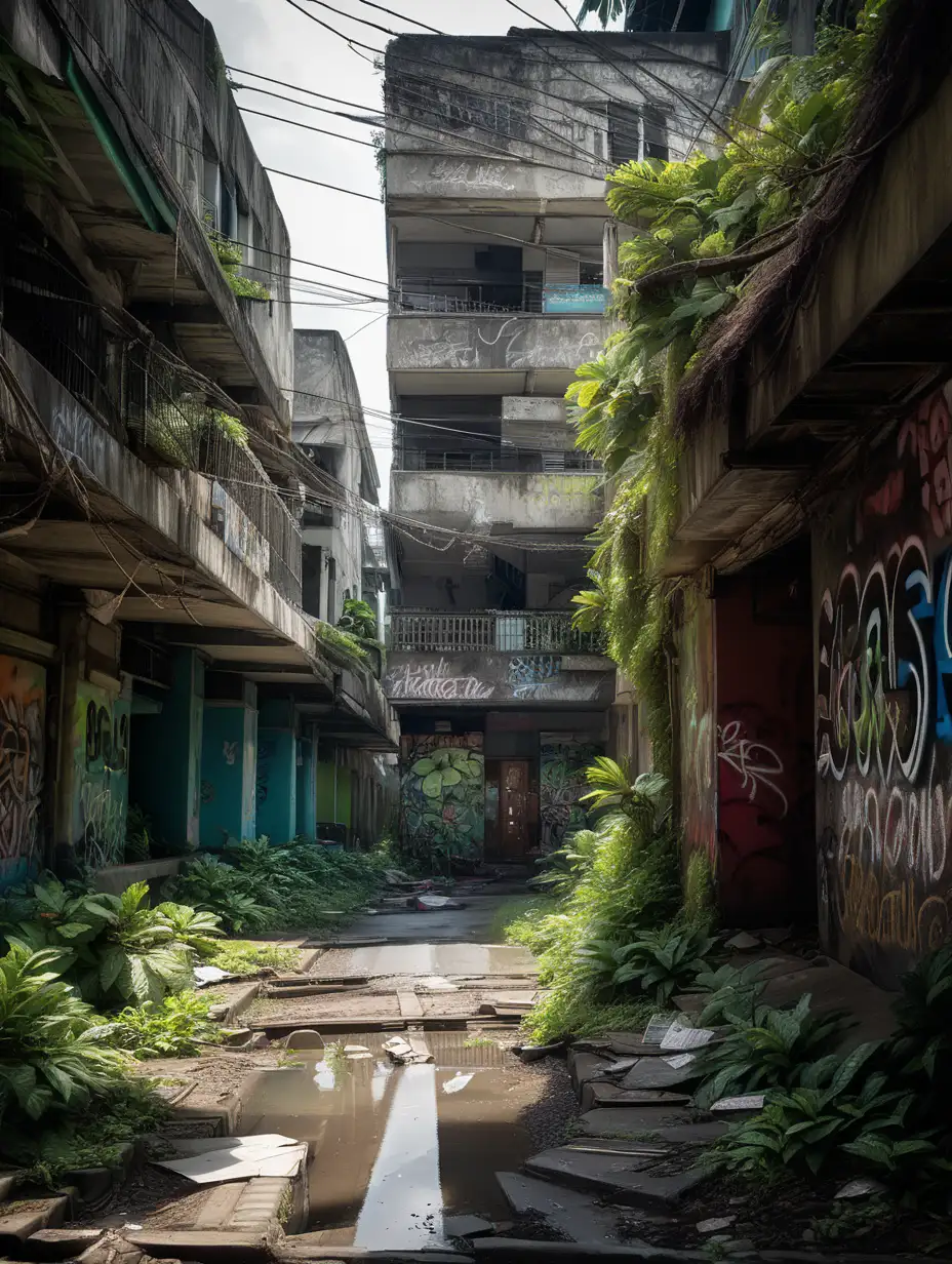(cinematic lighting), In the heart of Jakarta, an abandoned street unfolds as a silent witness to urban evolution. Weathered buildings with fading paint stand as remnants of the past, their windows shattered and facades adorned with graffiti, telling stories of bygone days. Nature reclaims its space with creeping vines and overgrown vegetation reclaiming the pavement. The occasional echo of distant city sounds creates an eerie ambiance, encapsulating the quiet abandonment of what was once a lively urban thoroughfare in Indonesia's bustling capital, intricate details, hyper realistic photography,--v 5, unreal engine