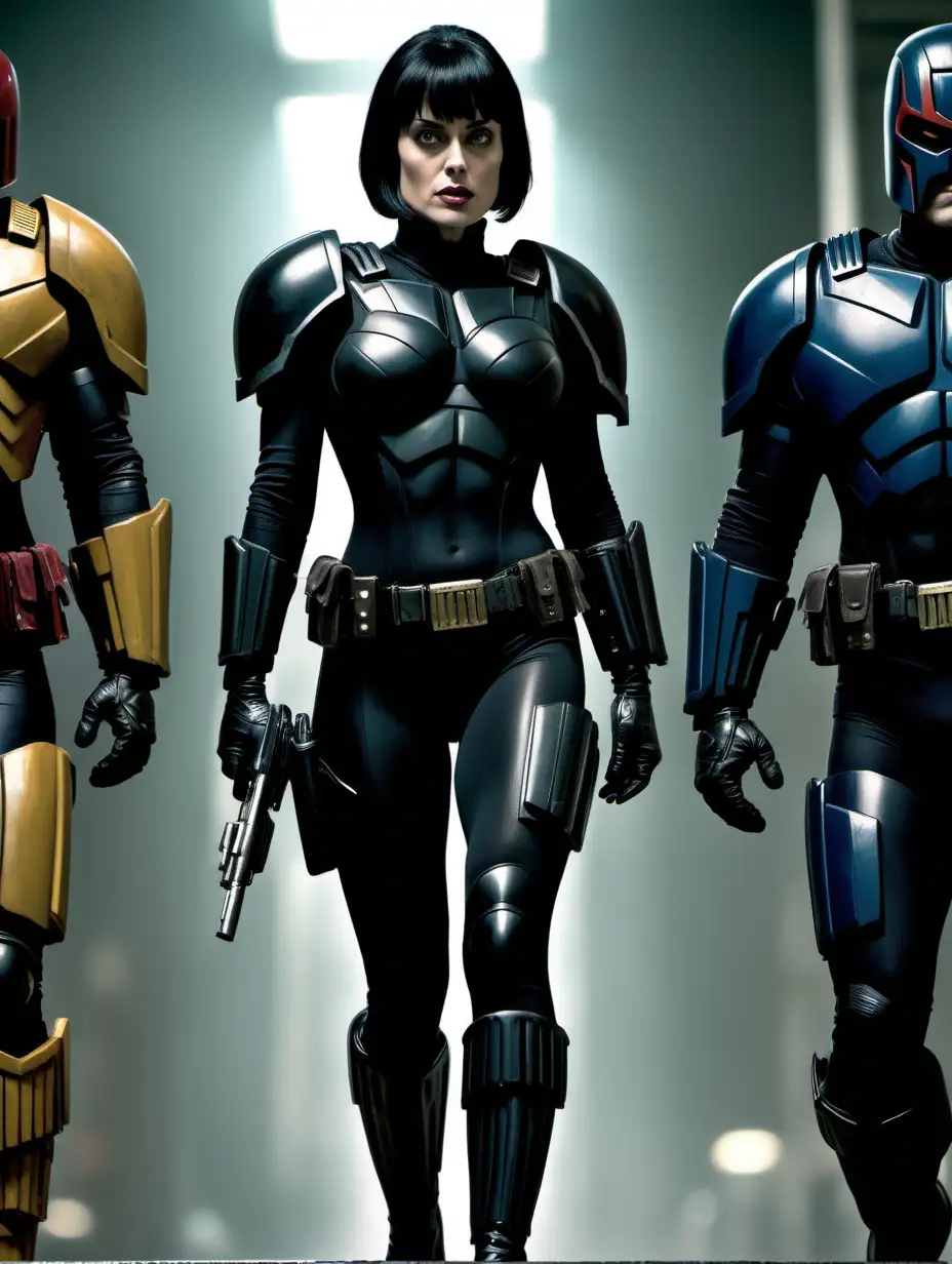 Antje Traue as Judge Hershey, tights, black hair with bangs, buxom [Highly Detailed] Judge Dredd comic style,  walking