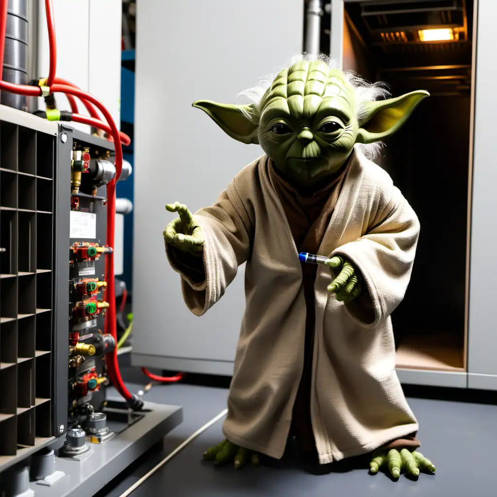 Yoda Inspecting Large Heating System in Maintenance Suit