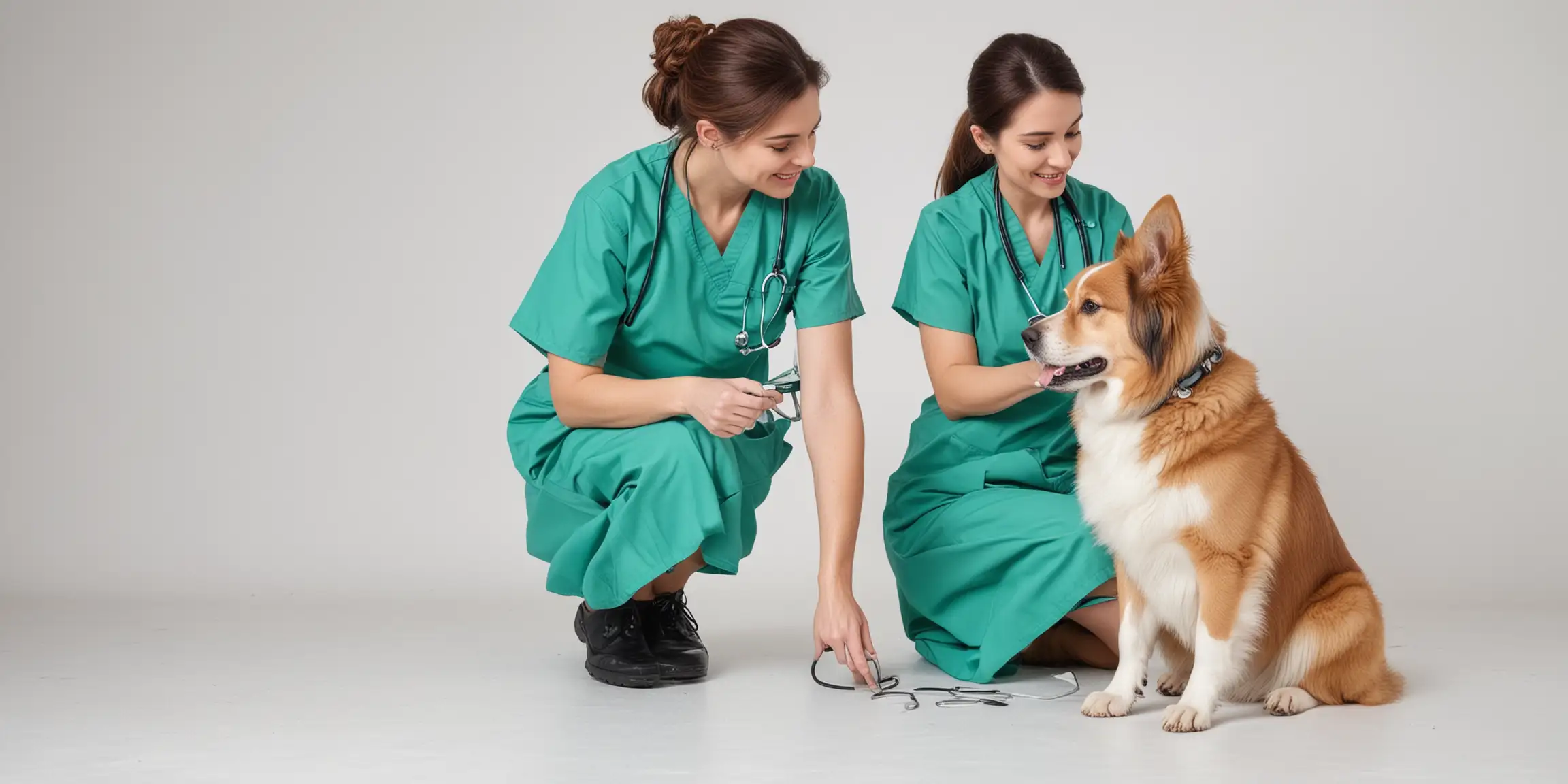 Veterinarian Examining Dog in Green Scrubs on White Background