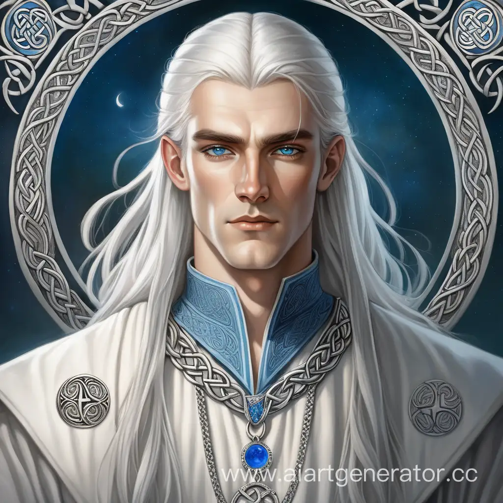 Кельтский молодой лорд, длинные белые волосы и синие глаза, красивый, гладко бритый, белая туника, серебряные украшения с полумесяцем, средневековье, симметрия, рисунок, портрет