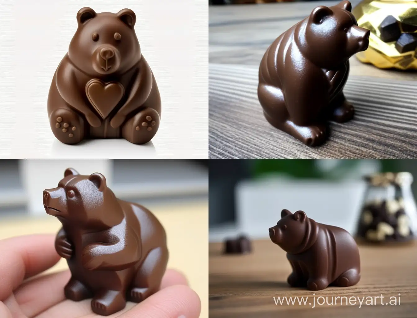 Chocolate in the shape of a bear with a 2d to make the most of the chocolate. Dimensions: height 5 cm, width 3 cm, diameter 3 cm.