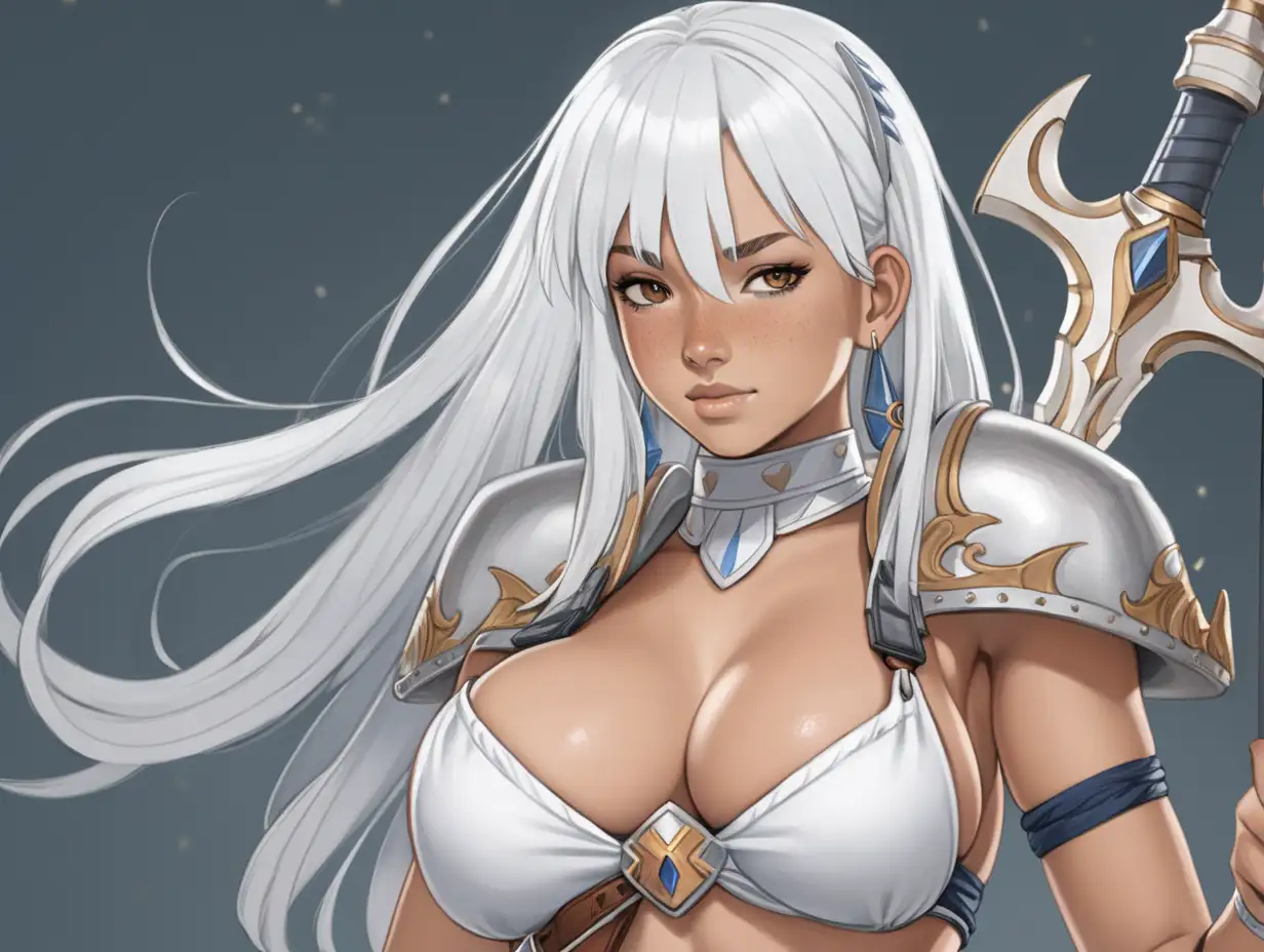 A gorgeous mixed race girl with white hair and freckles wielding a lance. In the style of Queen's Blade.