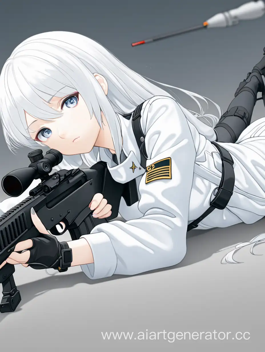 girl,white hair,sniper,anime,lying down,military