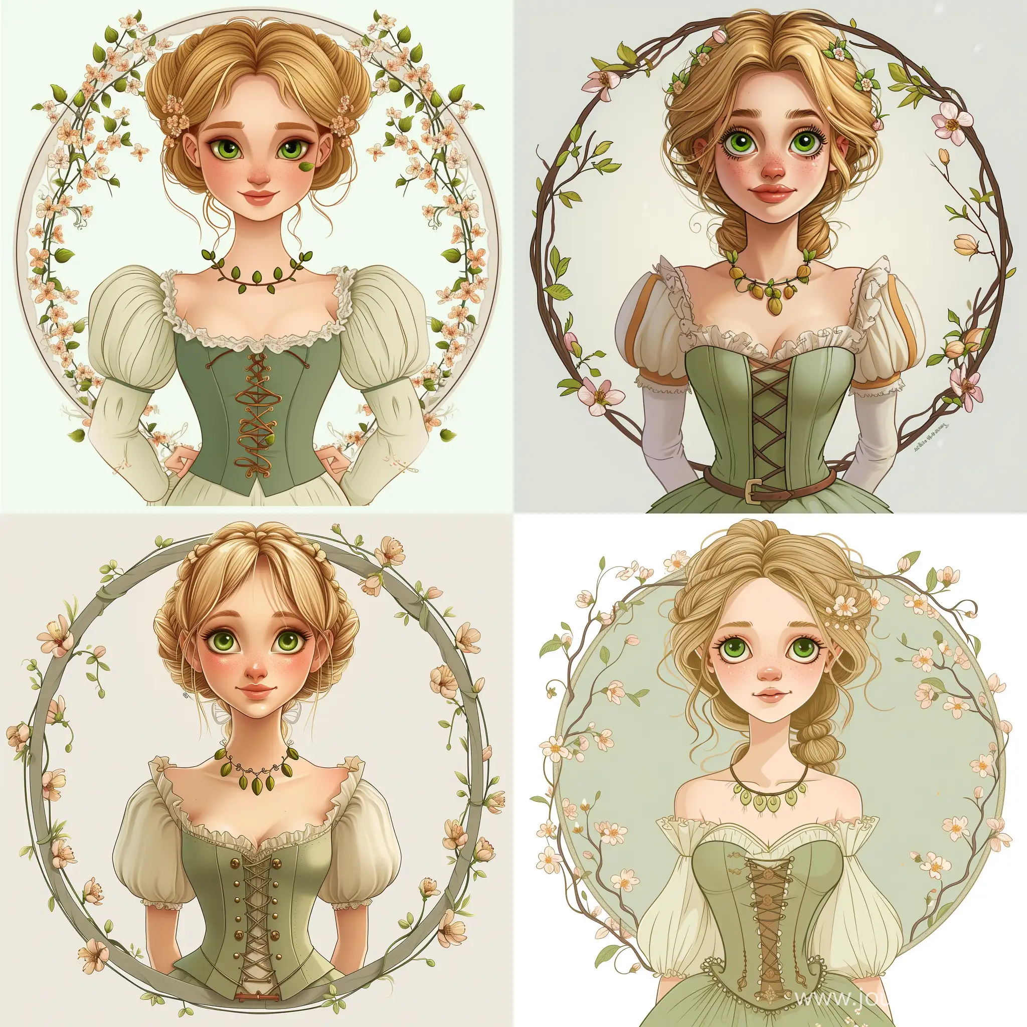 A young beautiful spring girl, with a blonde, with big green eyes, apple blossoms in her hairstyle, with a necklace of flower buds on her, in a dress with puffy sleeves, in a light green corset, with a thin waist, a waist portrait in a round floral ornament of unopened buds, illustration, cartoon style light colors