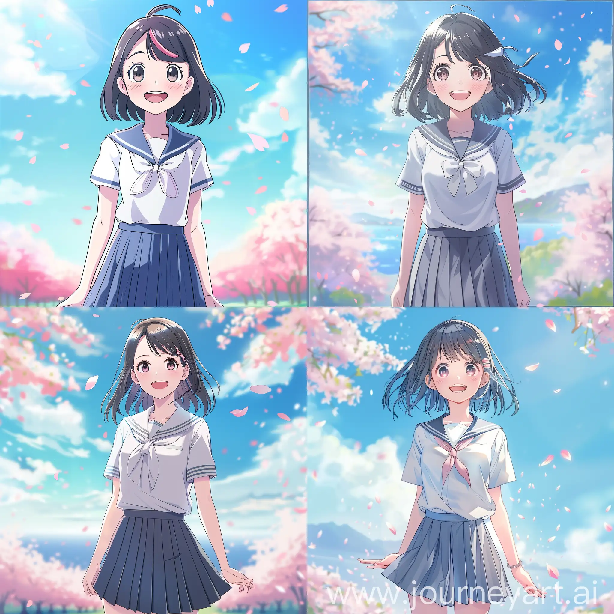 Cute anime girl, shoulder length hair, happy smile, full body, 2D anime style, colorful, vibrant, simple clean lineart, flat colors, minimalistic shading, pastel color palette, standing pose, school uniform, pleated skirt, sailor collar, hair ribbon, cheerful expression, large expressive eyes, blushing cheeks, detailed background, cherry blossom petals floating in air, blue sky, soft fluffy clouds, picturesque scenery, spring vibes, Kyoto Animation, P.A.Works, ufotable, Makoto Shinkai, Hayao Miyazaki, Studio Ghibli, trending on pixiv