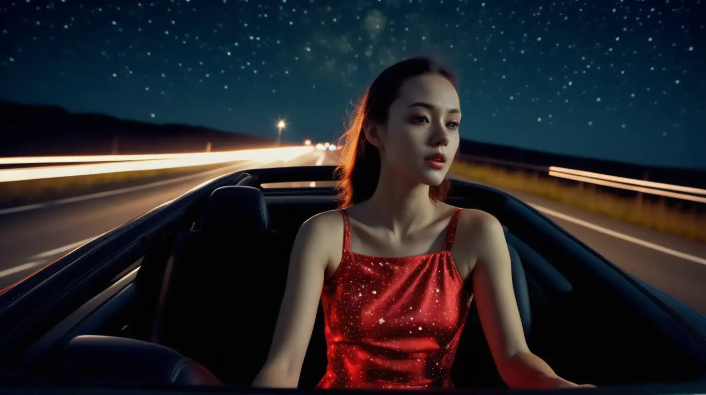 Night Drive Young Woman in Red Glowing Dress on Quiet Highway