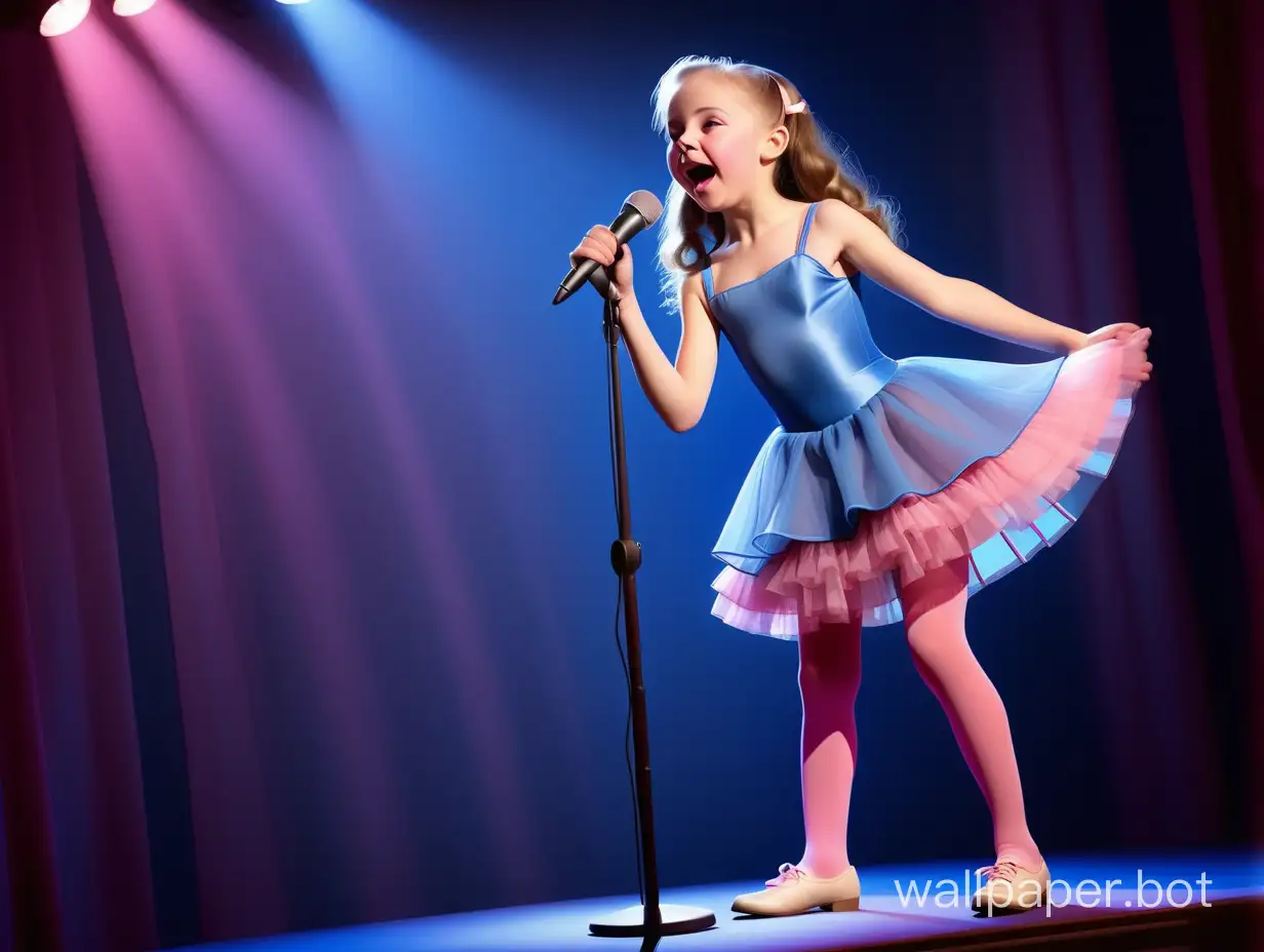Child cabaret girl 12 years old, full height, in a blue bodice, in pink nylon tights, sings a cheerful song on stage under the spotlight, color photo