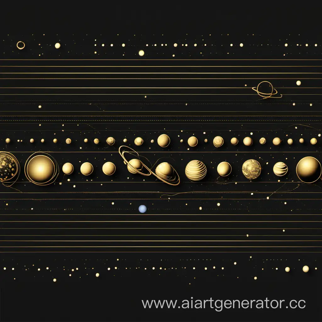 парад планет соединенный одной линией в 2д стиле в черно-золотых цветах