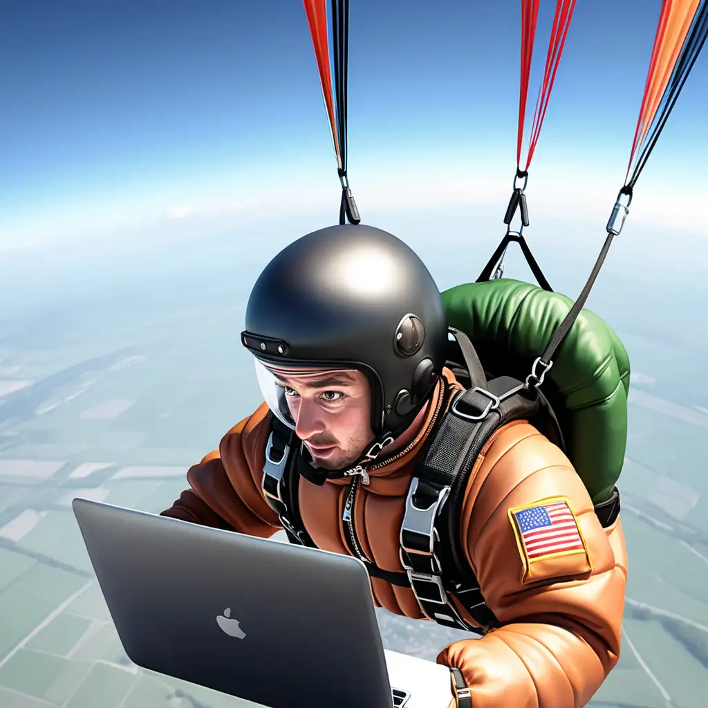 Man Multitasking Laptop Use During Parachute Jump