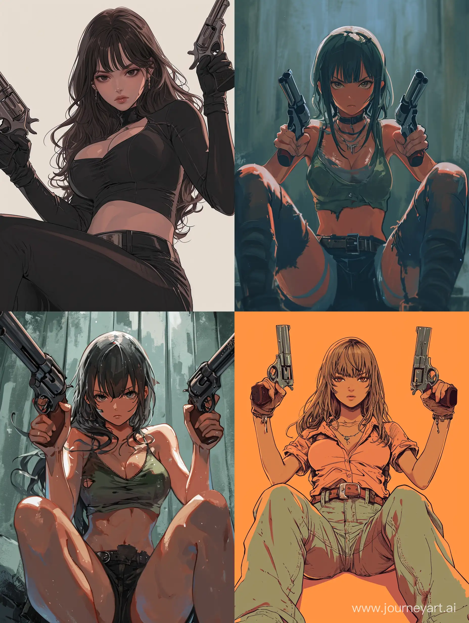digital illustration, anime characters, a girl is sitting with very baddass pose, hold a revolver each hand, intimidating look, best quality, aesthetic, epic --ar 3:4 --v 6
