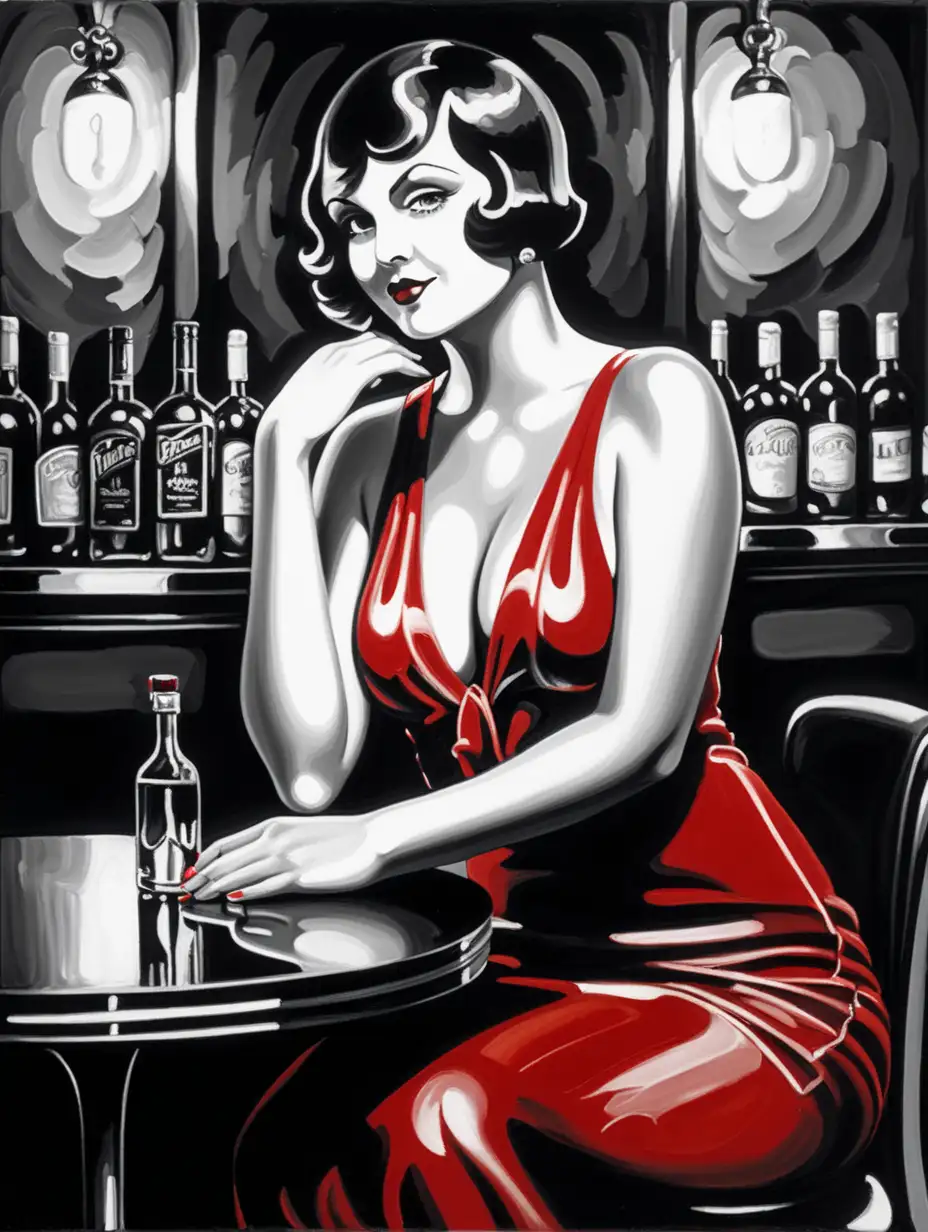 abstract, artistic painting of a pationate busty Lady in a style of 1920's, sitting in a bar. Use broad strokes of oil paint. Make it in red, black, and grayscale colors.