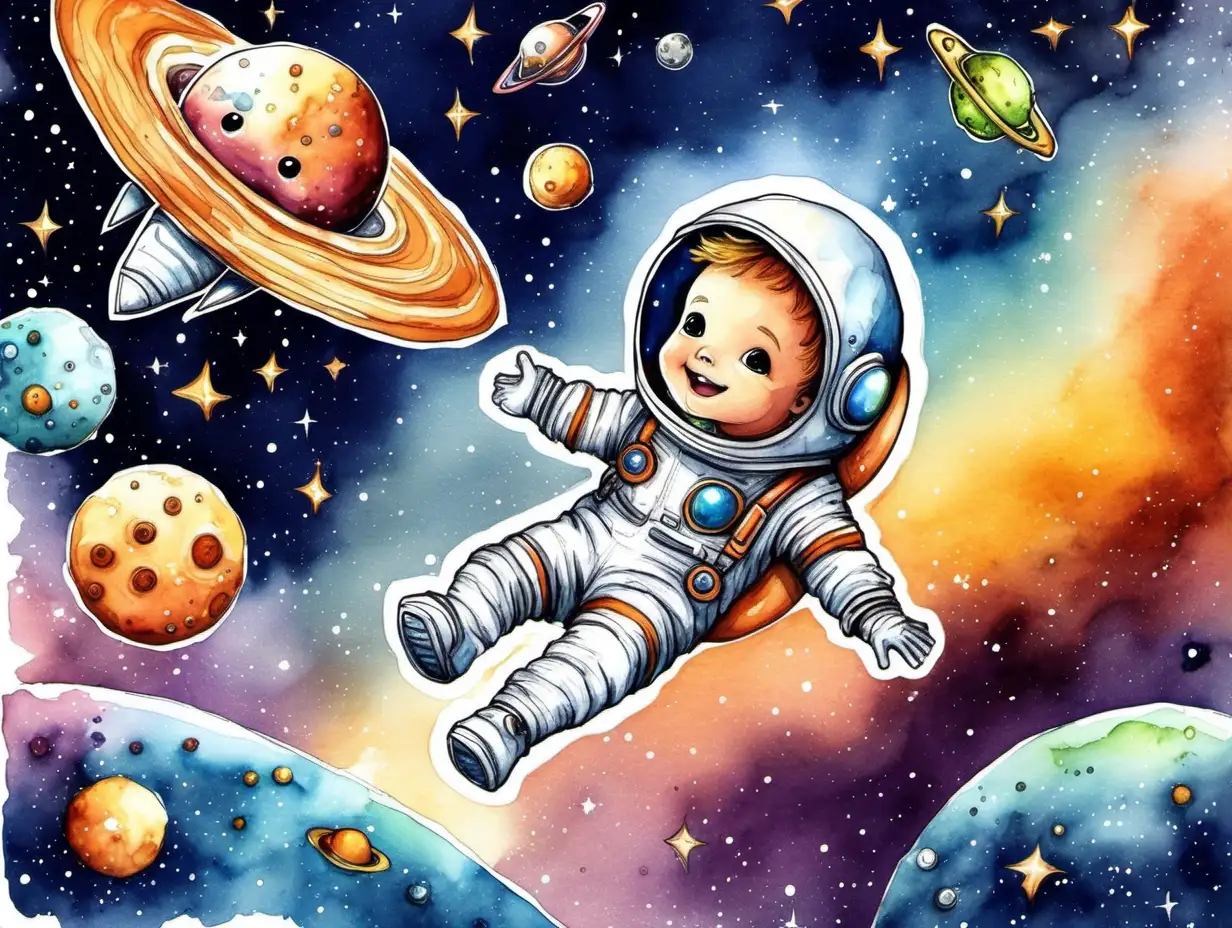 Adorable Space Exploration Cute Astronaut and Aliens in Watercolor Galaxy Adventure
