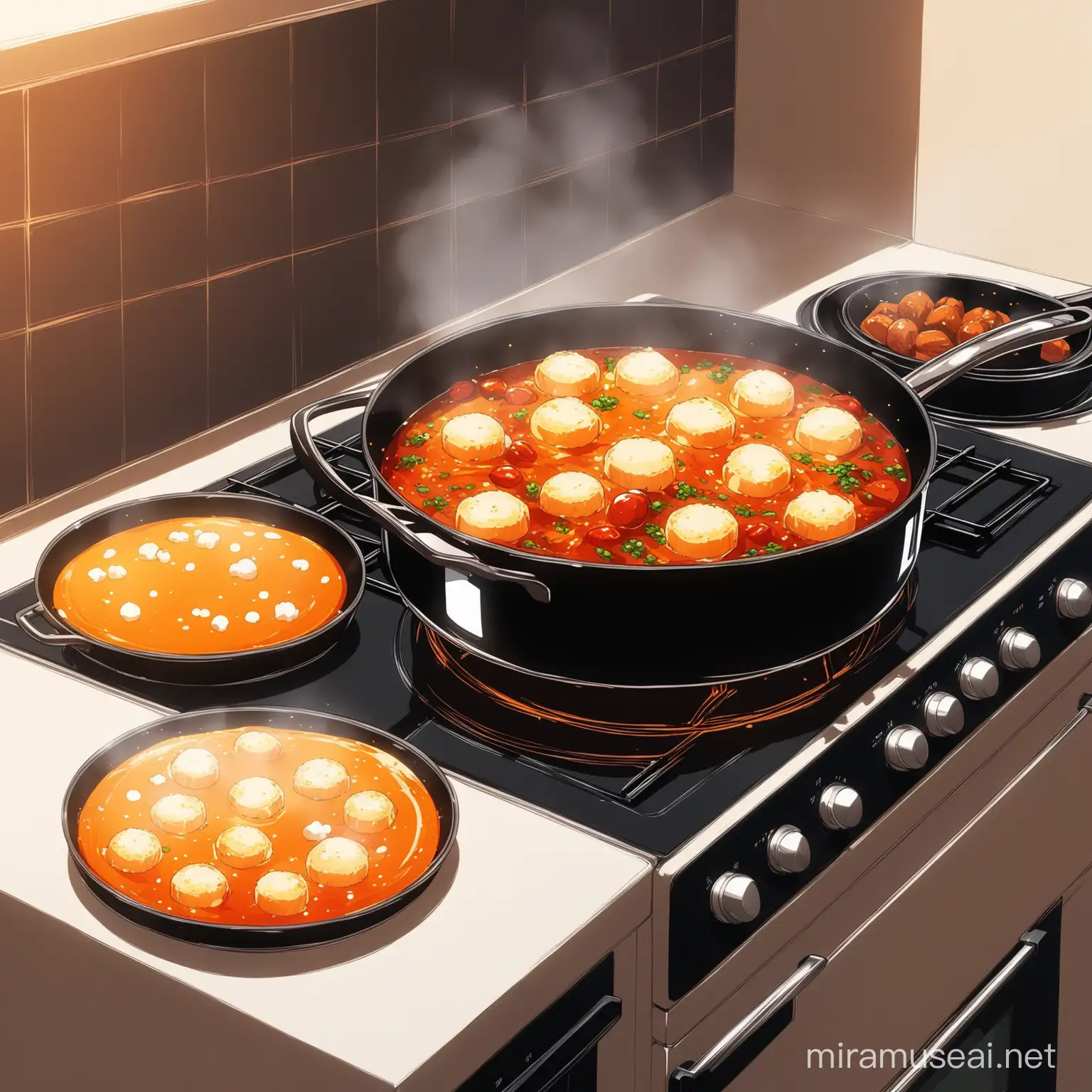 Anime Style Cooking Food Preparation on Stove Side View