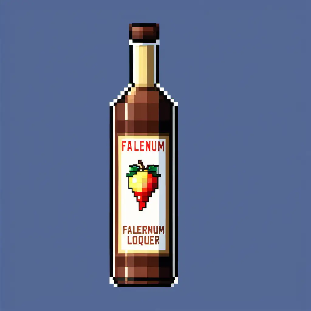 Vibrant Pixel Art Bottle of Falernum Liqueur on a Tropical Beach