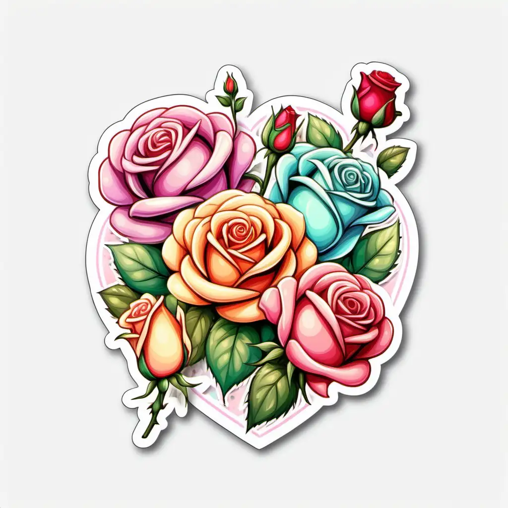 fairytale,whimsical,
COLORFUL
cartoon, bright roses,valentine  STICKER, 
 pastel colors, white background,