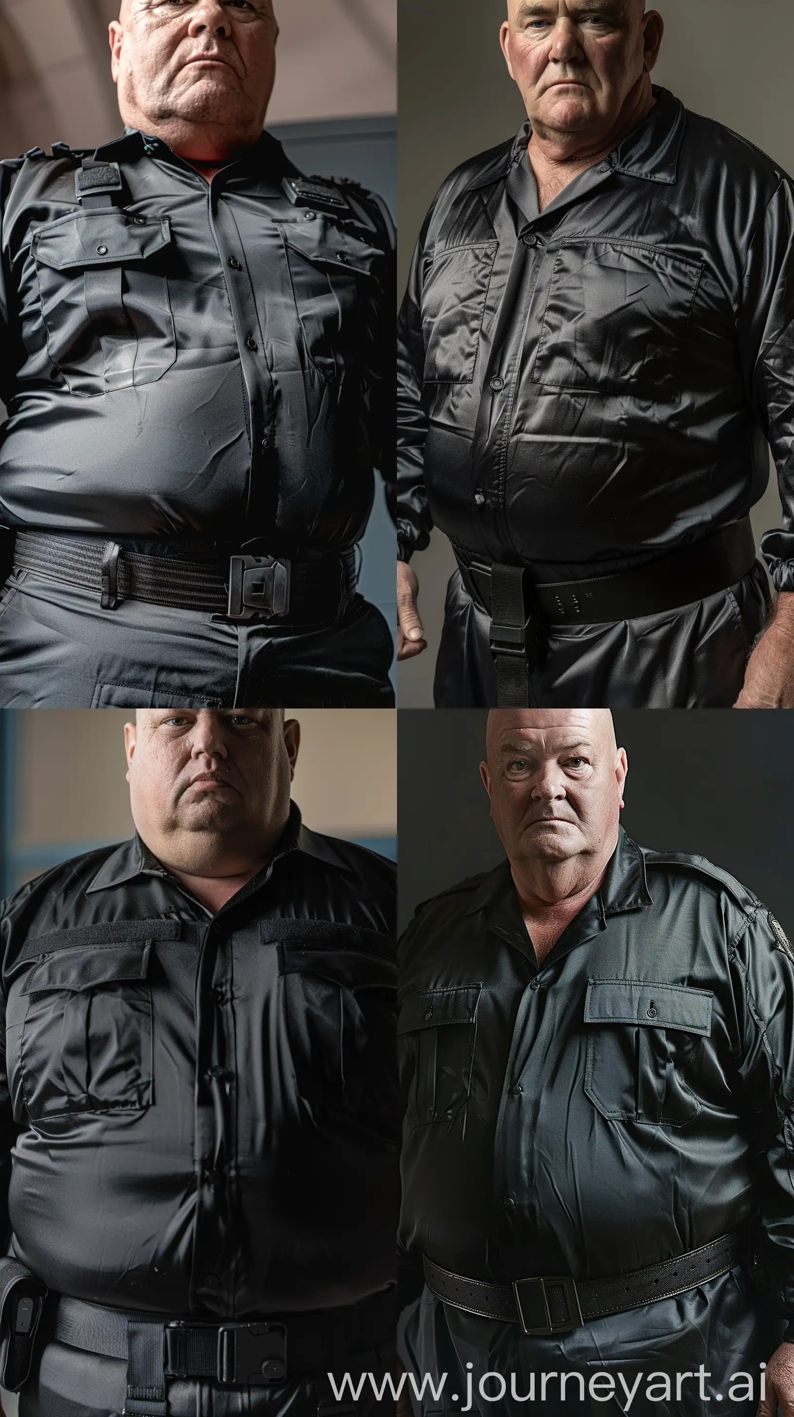 Close-up chest-level photo of a fat man aged 60 wearing a silk black security guard skinny-fitted full coverall. Black tactical belt. Bald. Clean Shaven. Natural light. --style raw --ar 9:16