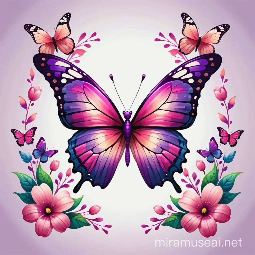 for shirt design creat a design a butterfly, half of which is flowers, using pink and purple colors