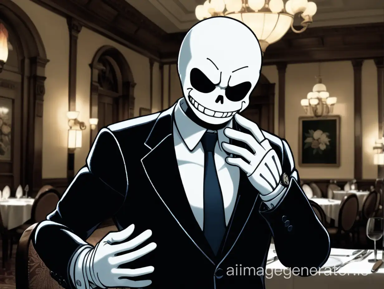 Sans wearing a dark fancy suit and white gloves invites us for a meeting in a fancy restaurant.