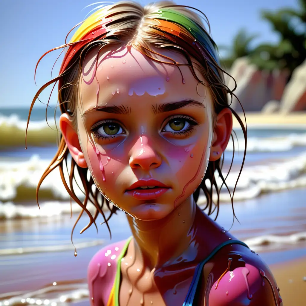 colorful, photorealism, girl, detailed, wet, beach, painting