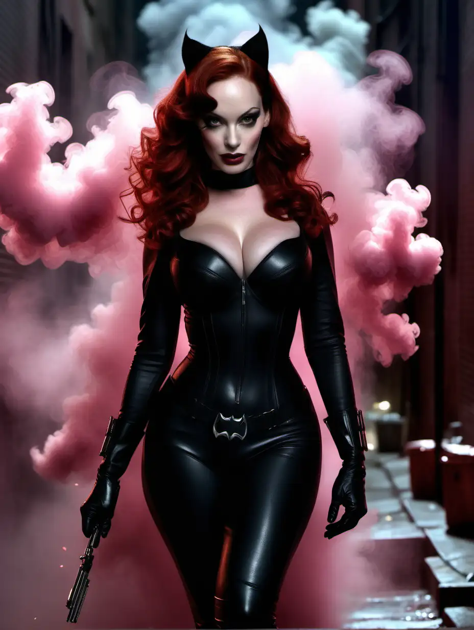 Photorealistic, realistic, HD, full figure, portrait of Christina Hendricks as the beautiful, curvy DC villain, Catwoman, with mascara running down her cheeks, long red hair, both hands on her hips, looking directly into the camera, in an dark atmospheric alleyway with pink smoke plumes in the background