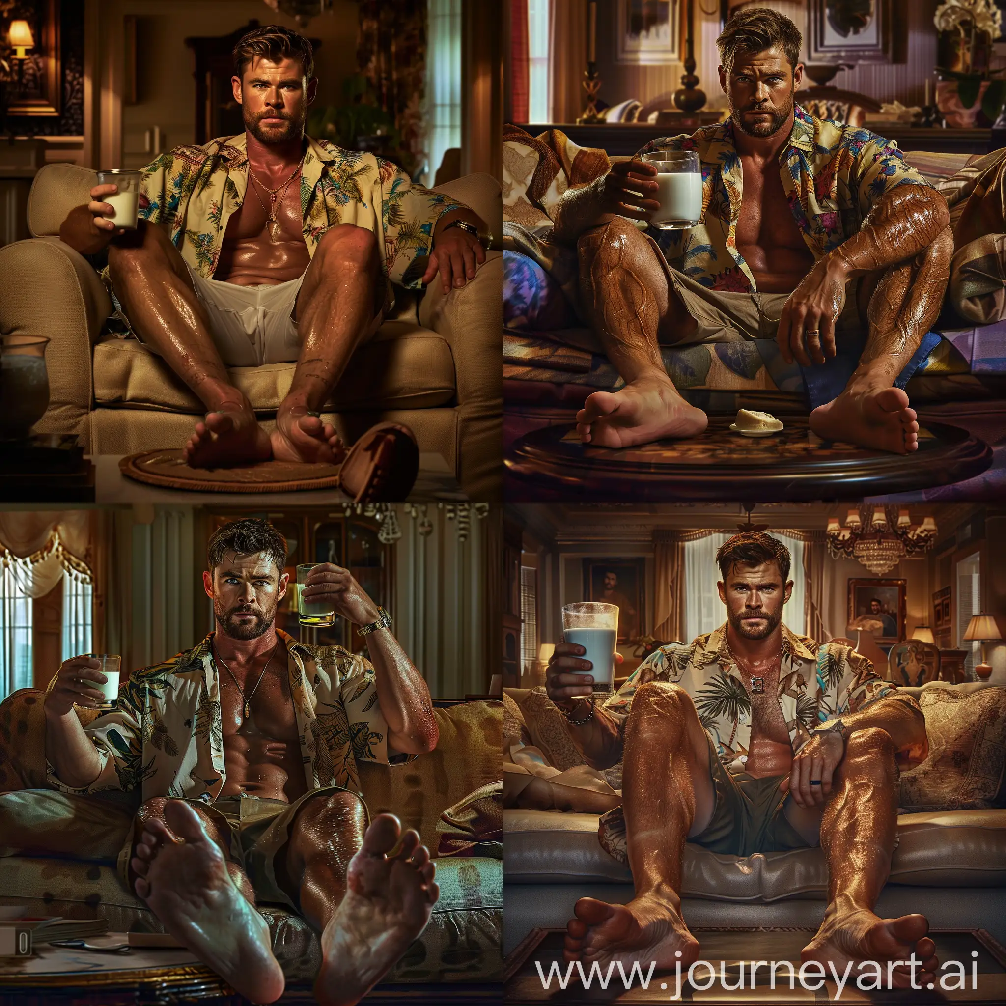 Movie scene, realistic, Good looking muscular Chris Hemsworth sitting on the couch, wearing an unbuttoned hawaiian shirt, big muscular arms, handsome Chris Hemsworth face, holding a glass of milk, big biceps, sweaty glistening skin, abs and hard pecs, with his feet resting on a footstool, showing his big soles, feet soles on a footstool table, rich living room background, cinematic lighting