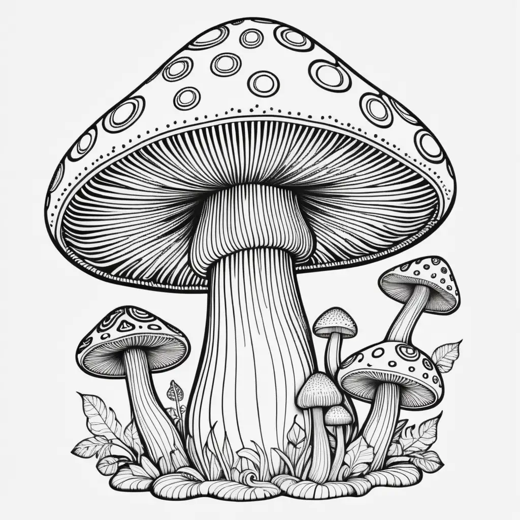 Whimsical Psychedelic Cartoon Mushroom Coloring Book Art on Vintage White Background