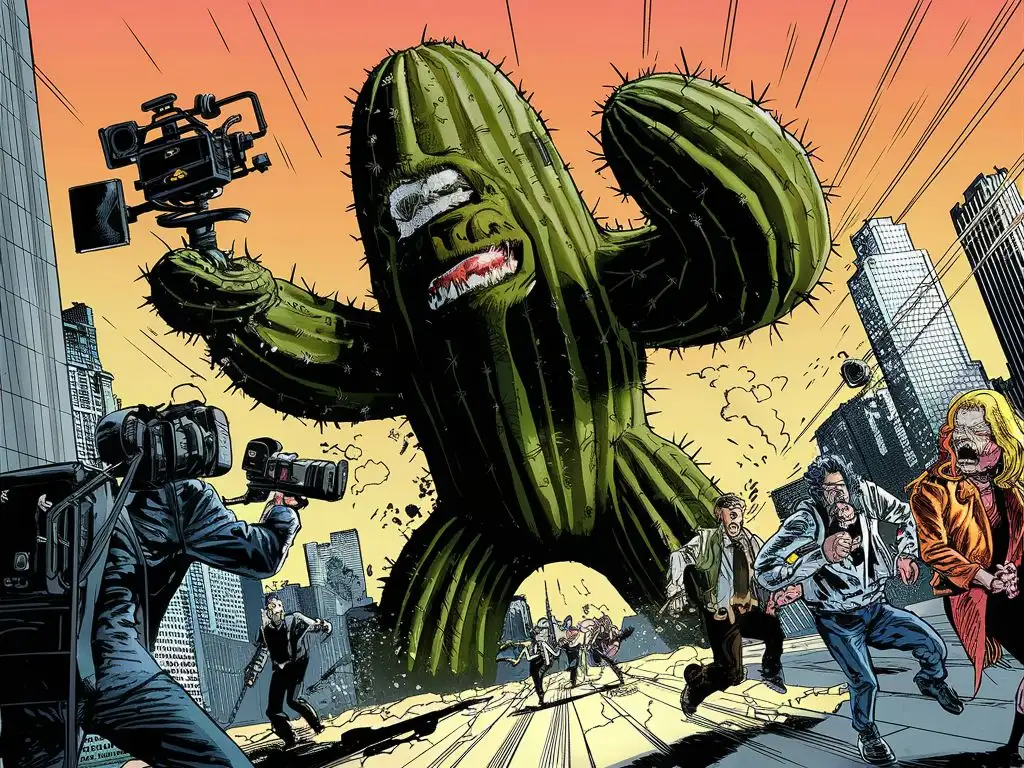 amazing Illustration, A giant monster cactus invades a city with a  camera on the gimbal in his arm filming, and several videographers running away in fear. vintage comic book cover style