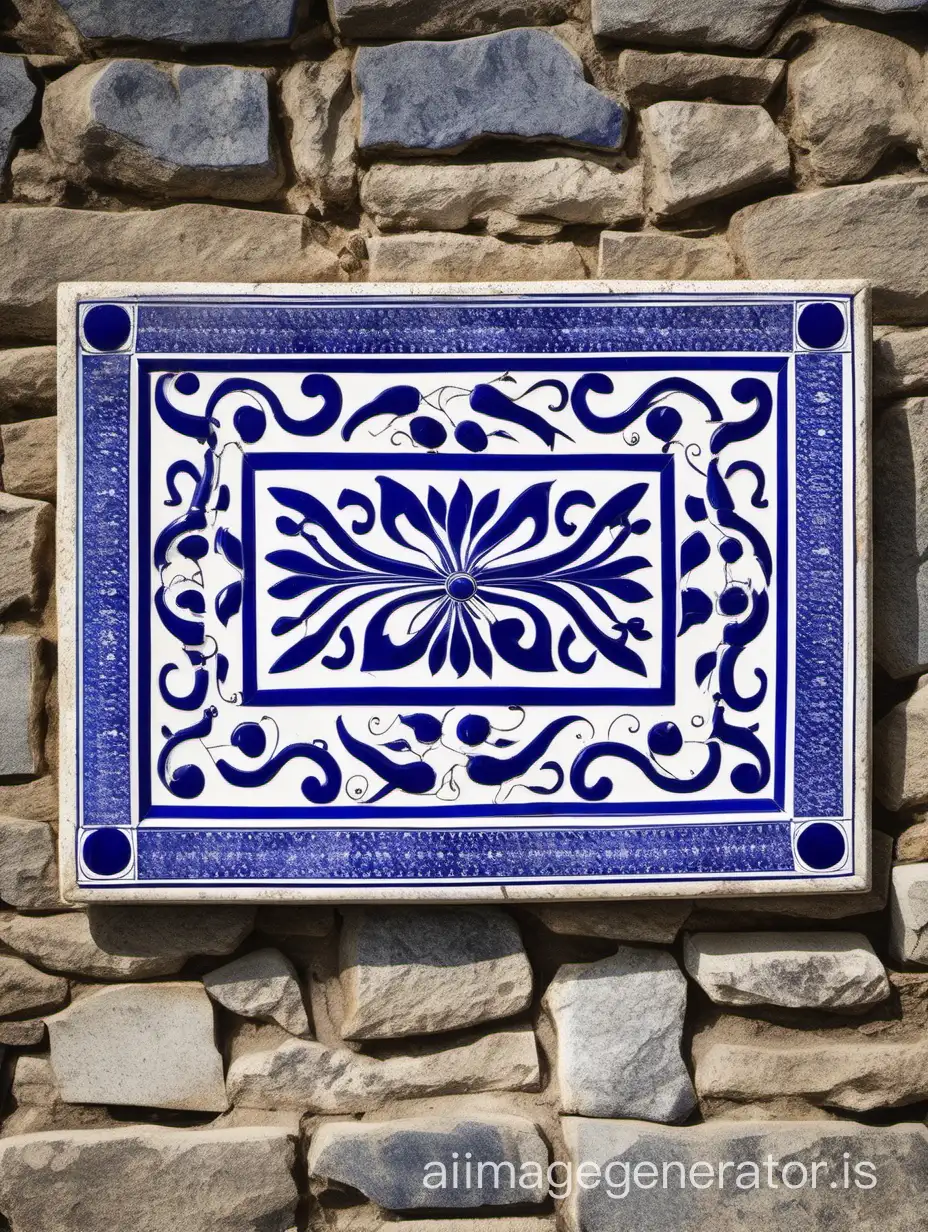 Rectangular Portuguese cobalt blue and white plaque on stone wall