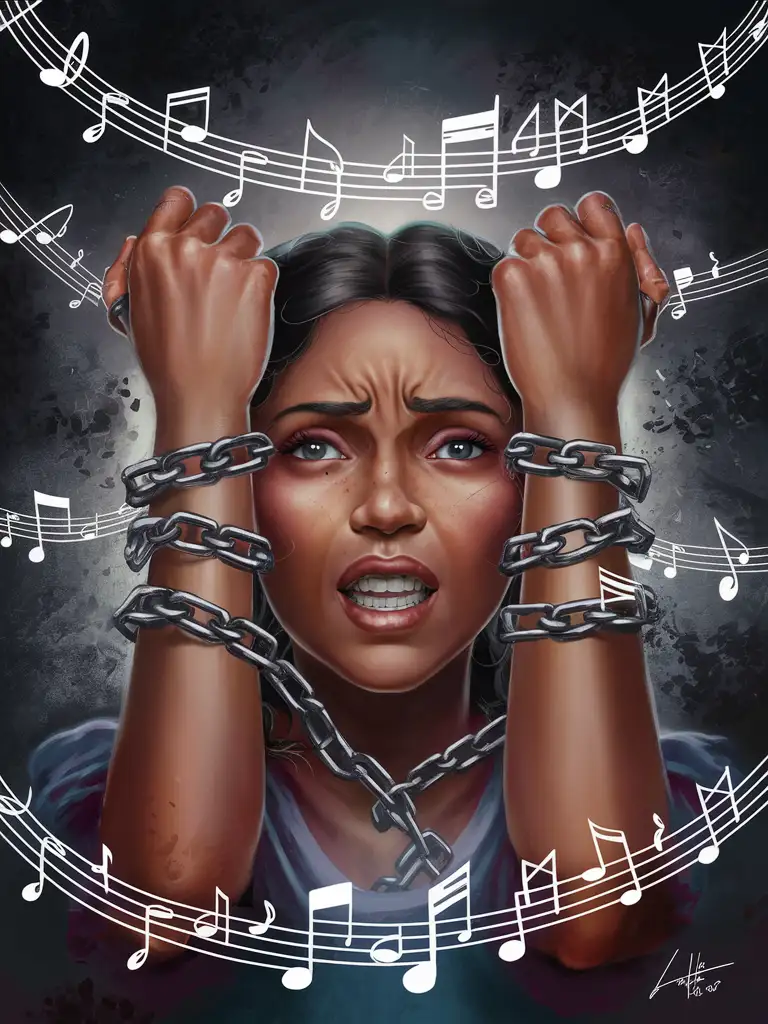 digital painting of an ethnic beautiful woman is portrayed with chains binding her wrists, with music notes intertwining with the chains, representing how she is shackled by the negative influence of secular music and unable to break free from its grip.