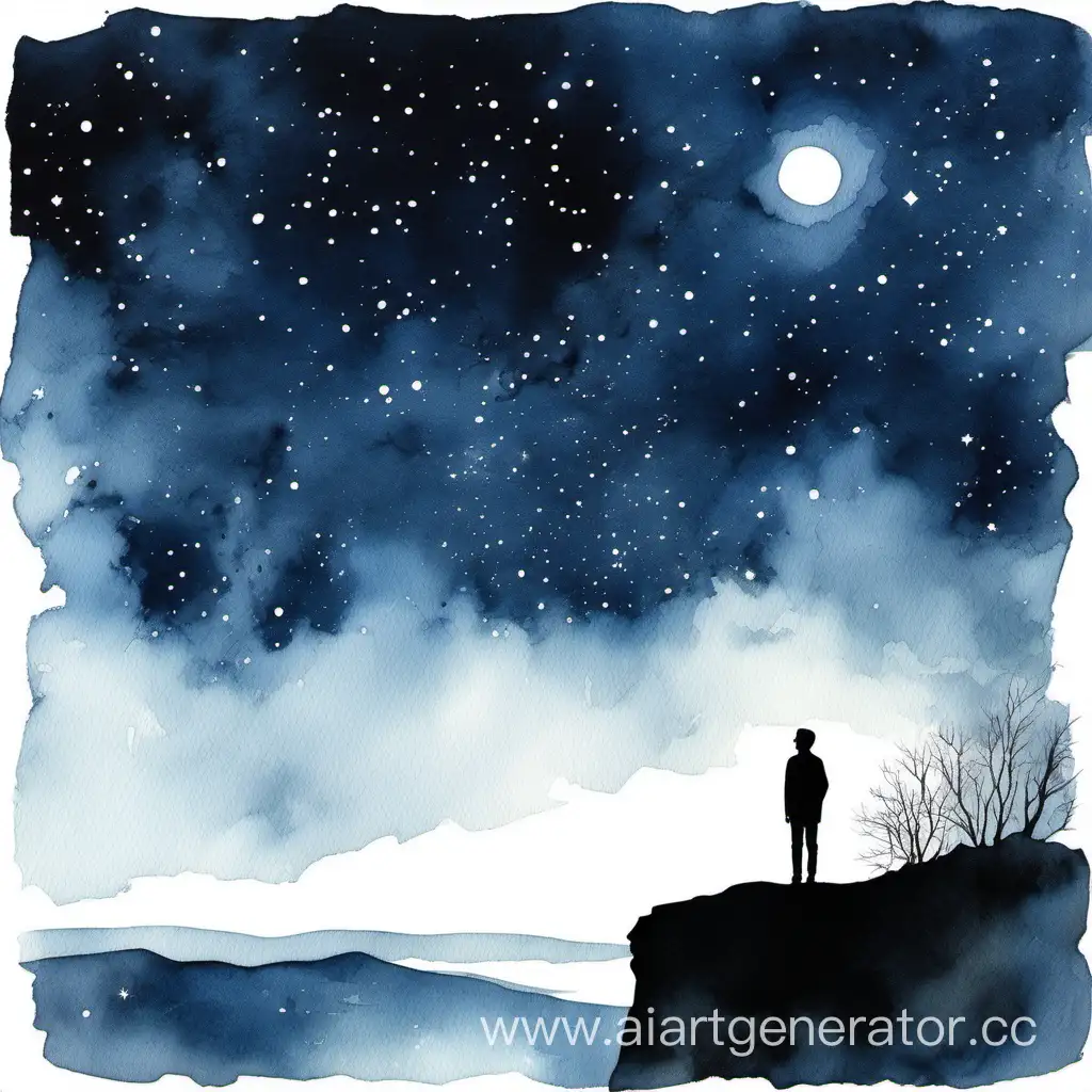 картина написана акварелью: ночь мужчина-черный силуэт смотрит в небо стоя на обрыве и видит среди звездного неба белый силуэт девушки