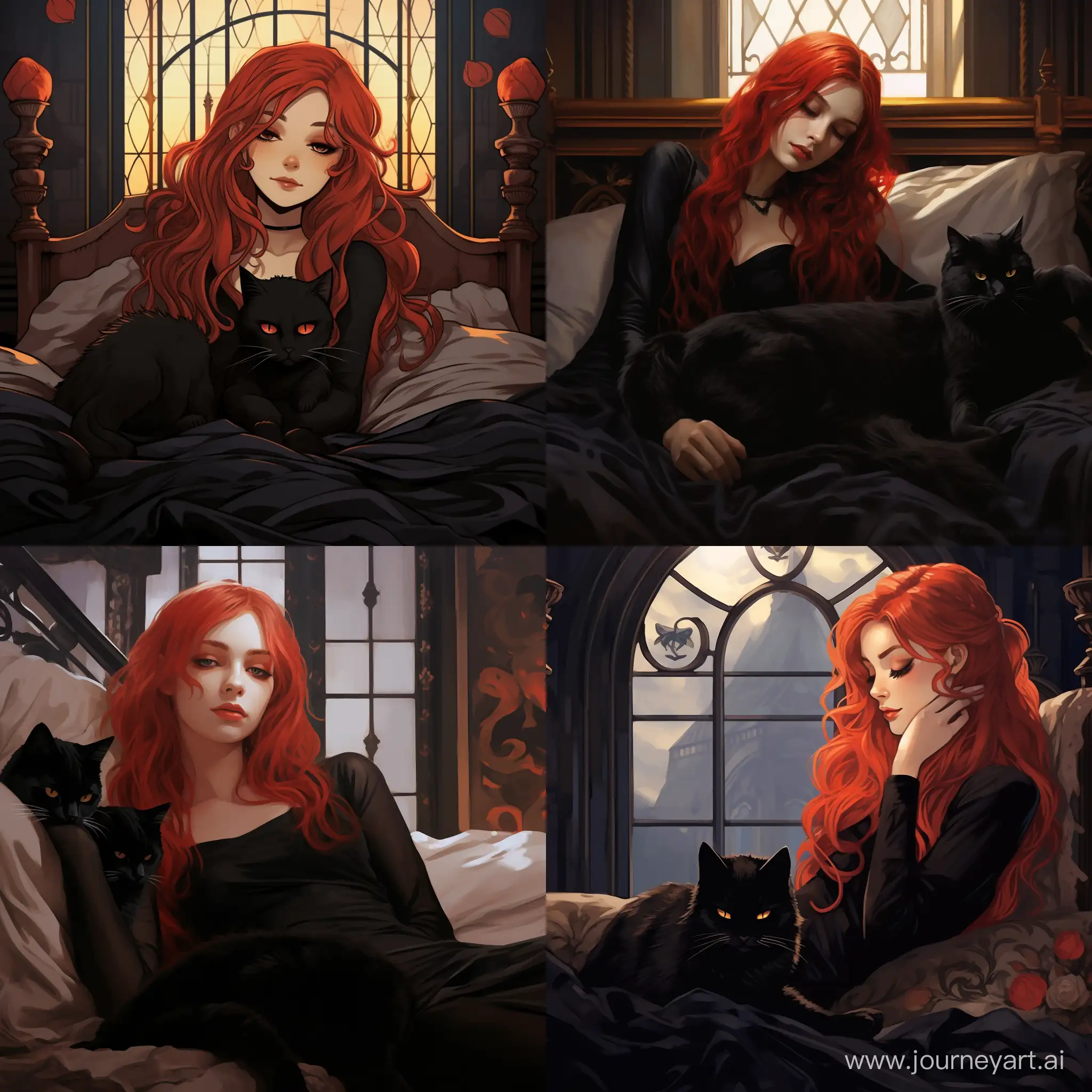 Enchanting-Gothic-Dream-RedHaired-Girl-and-Feline-Companion-in-Slumber