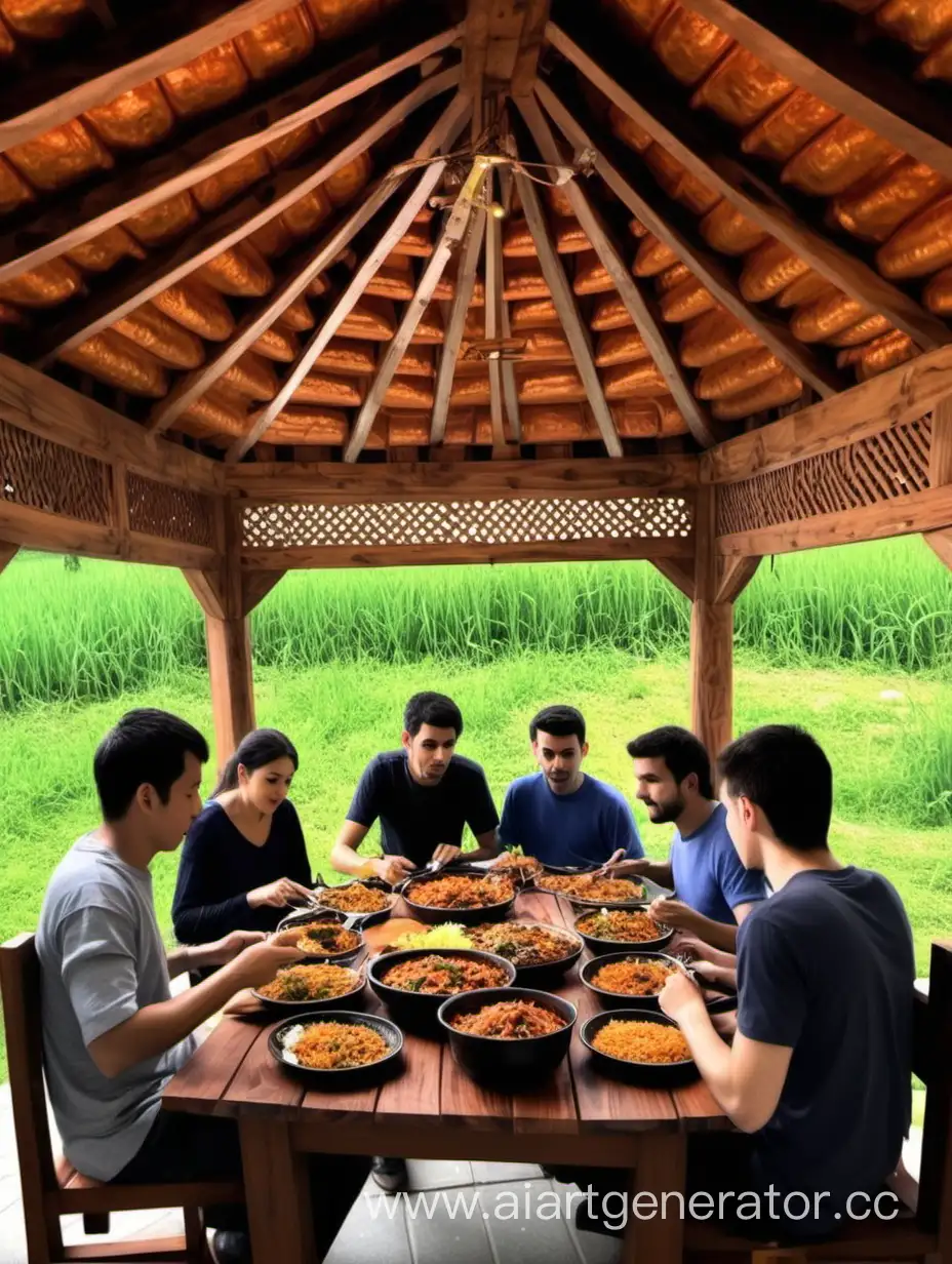 a gazebo made of thick beams. The gazebo is large, the ceiling in the gazebo is 3 meters. People eat pilaf, they like to eat, they are happy with the pilaf, in the middle of the gazebo there is a table, the table is also wooden, the wood is all brown. ​​​ On the table is a dish with a lot of spicy meat and rice pilaf with meat.​​​​ men and women are sitting and eating pilaf.
