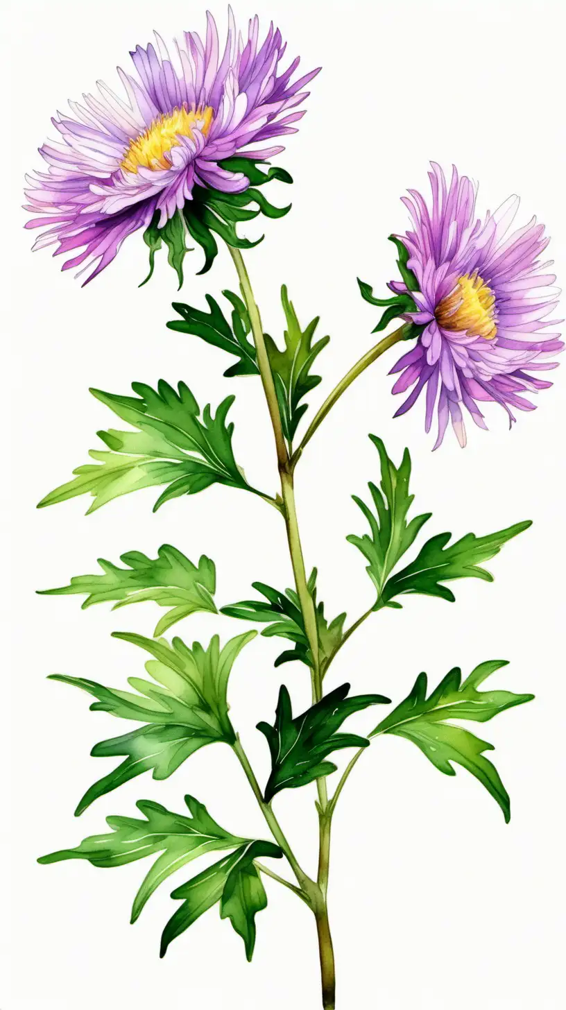 Aster flower with long stem in white background in watercolor pseudo style, leaning to the left, less green leaves