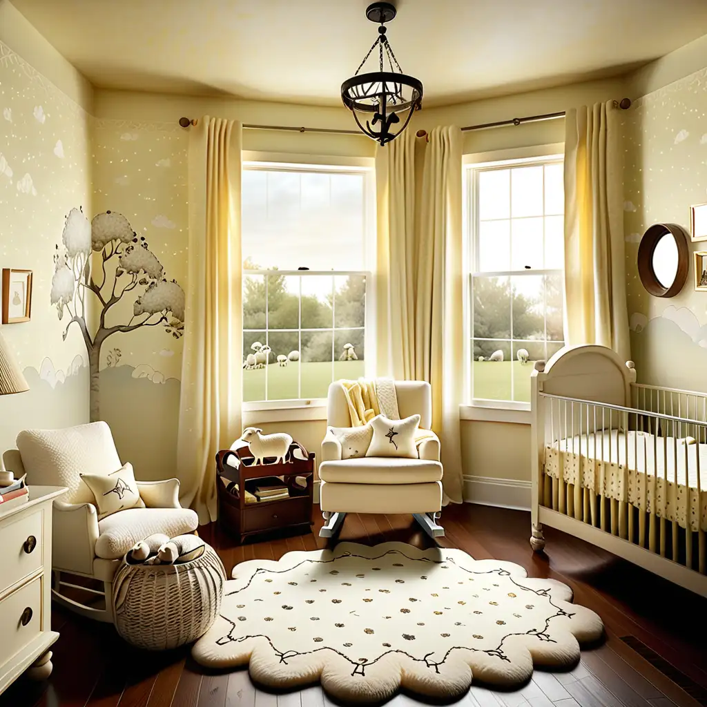 Visualize a serene nursery designed as a backdrop. The walls are adorned with a delicate wallpaper featuring a pattern of meadow flowers and frolicking lambs. In the corner, there's a soft rocking chair with a pale yellow knitted blanket draped over the back, next to a small round table with a stack of illustrated nursery rhyme books. The crib is a vintage style with curved rails, painted in a gentle ivory, and equipped with plush bedding that has tiny sheep and clouds stitched into the fabric. A sheepskin rug lies on the floor, fluffy and white, providing a cloud-like softness underfoot. The windows feature blackout curtains with a subtle star print that can be drawn to keep the room darkened for nap time, while during the evening, they allow the soft light of the setting sun to filter through, This nursery is a haven of tranquility, where every detail whispers calm and comfort, perfect for nurturing sweet dreams