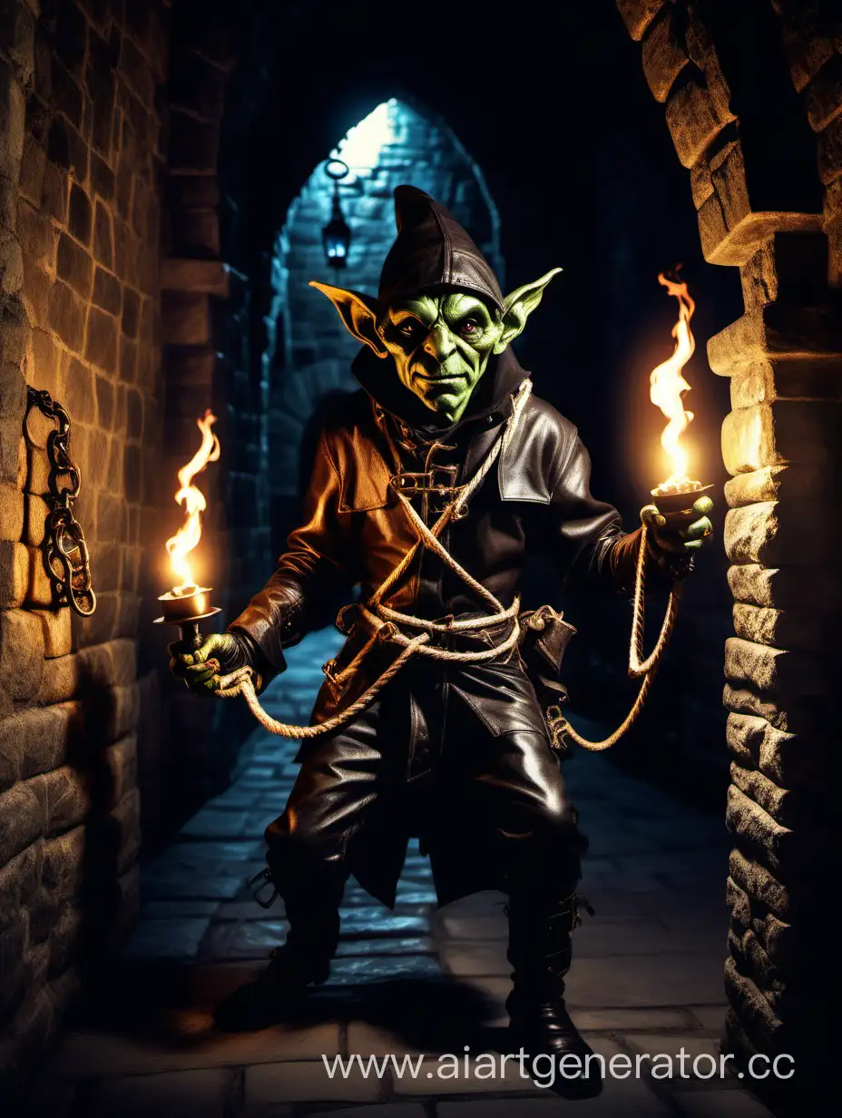 goblin thief in leather costume with rope in his hand stealing gold in treasury  in rich  castle  old medieval city at night with stone walls wit chandeliers and torches on background  dark fantasy arcane style side view