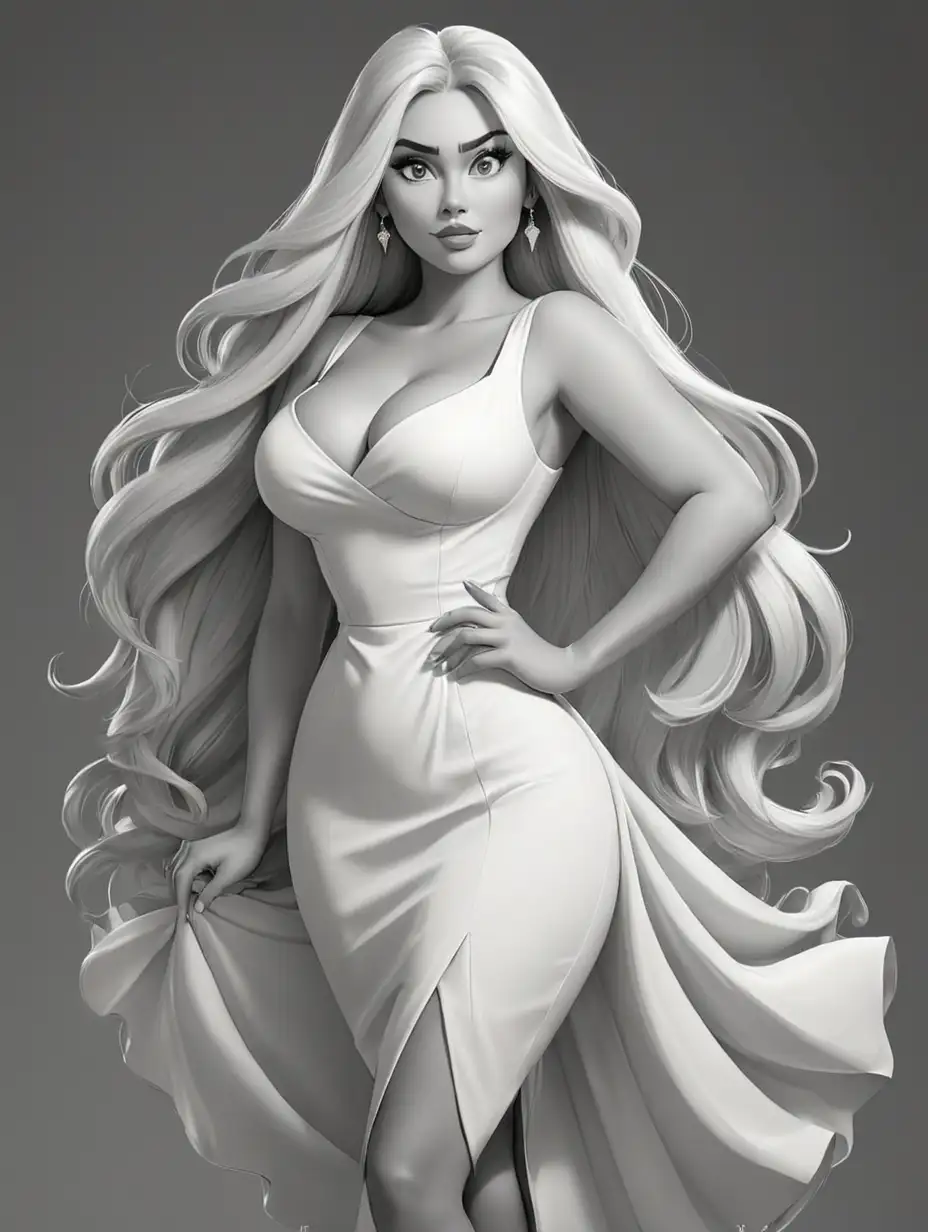 Black and white pencil drawn caricature of a beautiful voluptuous woman, with long white  straight hair, almond eyes, pointy chin, she is sassy, white dress, high heels,  full length, 