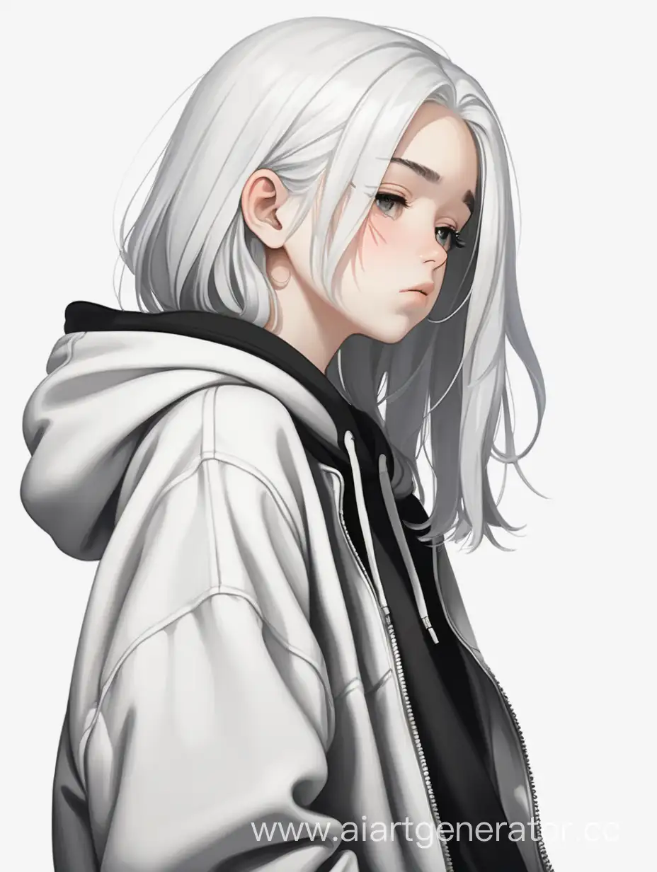 a tired white-haired girl in a black hoodie, white background