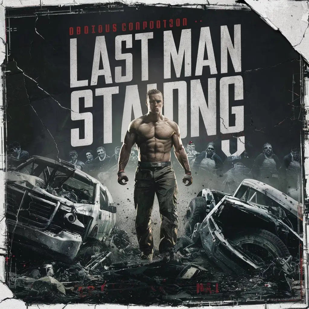 "last man standing" event poster that should include a dark color scheme and grunge elements