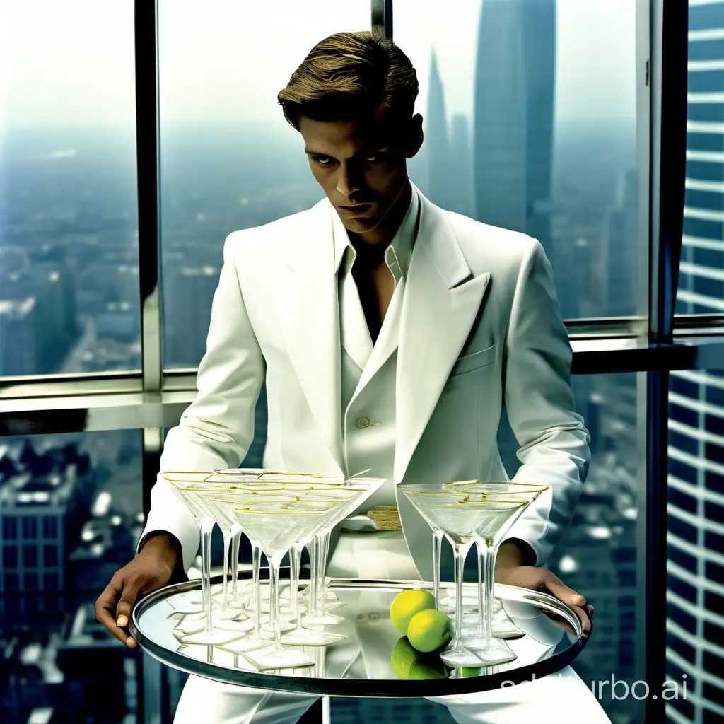 A young man in a white tennis outfit with totally white irises holding a tray of martini glasses in a highrise skyscraper