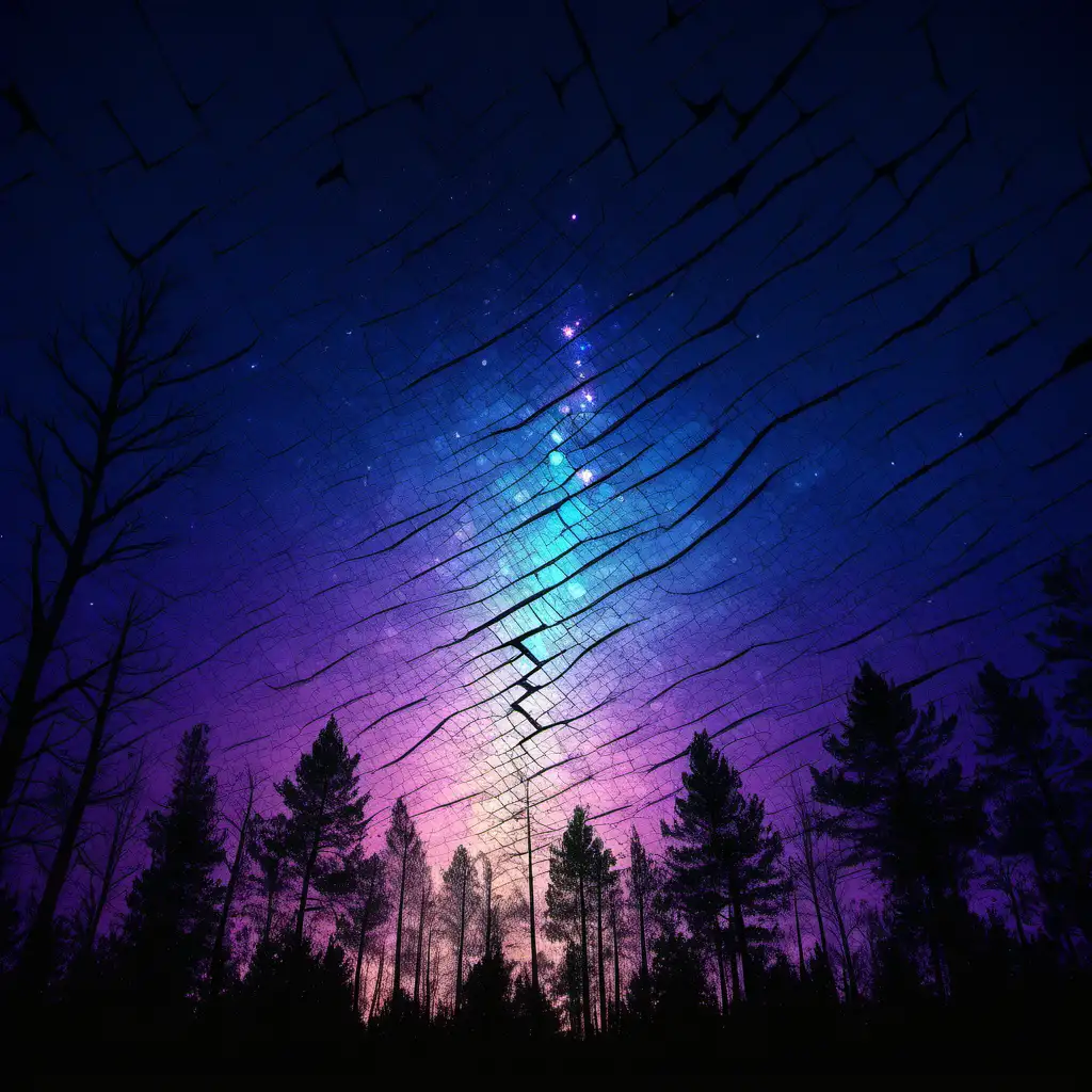 Ethereal Night Sky Illuminated with Radiant Cracks Over Woodland Horizon