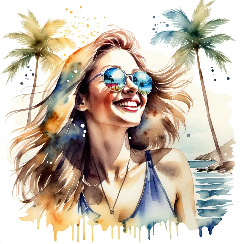 Retro Disco Style Vibrant Beach Vibes with Smiling Woman and Cocktail