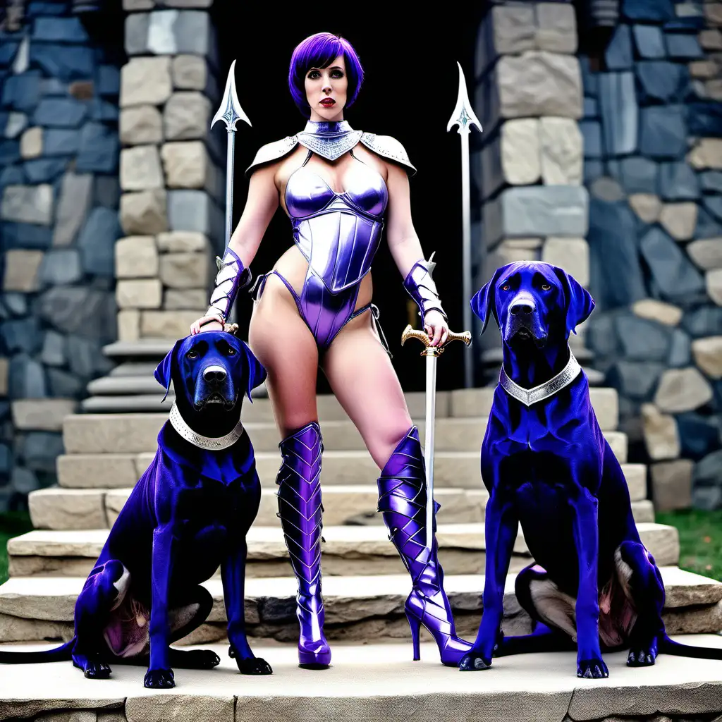 Karen oberst from facebook, 30 years old, evil princess, short short purple hair, wearing silver swimsuit armor, and a purple loin cloth, armored thigh high boots, smirk, sexy pose, with two  large, angry, snarling, black lab hounds, with bright blue eyes standing on her left side, standing in front of a stone throne on a raised stone dais with stairs going to the throne   