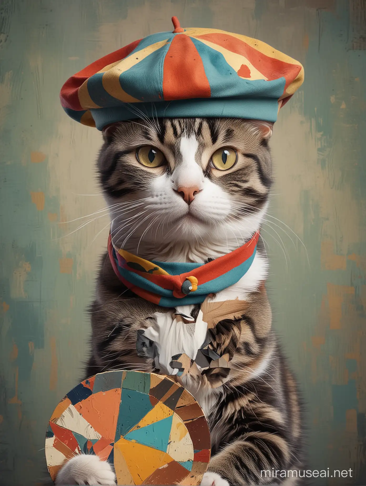 Generate an image of a cat wearing a beret and holding a palette, channeling the artistic spirit of Pablo Picasso with abstract patterns and vibrant colors.
