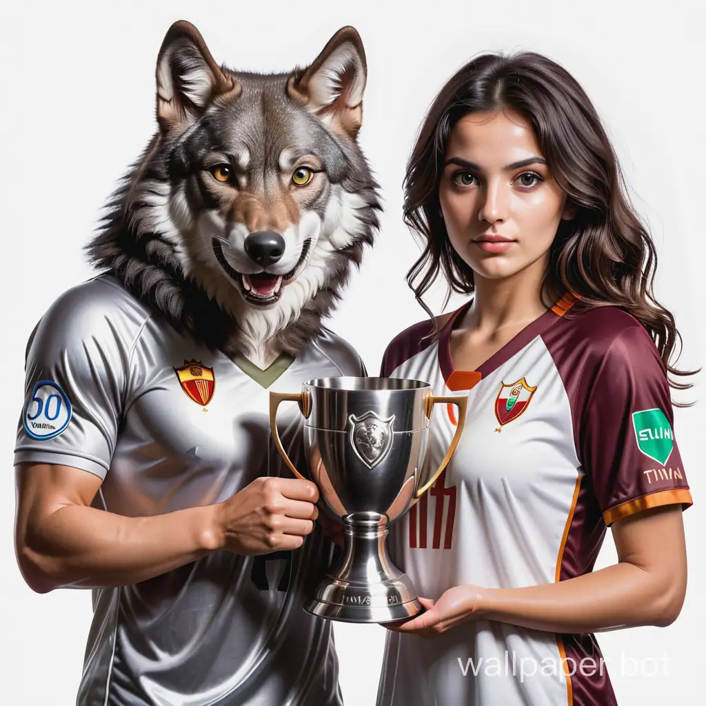 Soccer, the evil Wolf in Roma's form and an Italian woman, 25 years old in Roma's form, holding a large titanium cup, white background, high detail