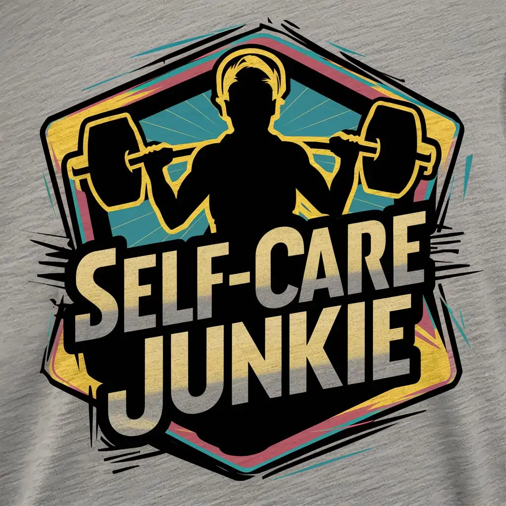 Framed Graphic Logo for a T-Shirt Design. A silhouette image of a person lifting weights. There is bold and colourful text stating "Self-Care Junkie"
