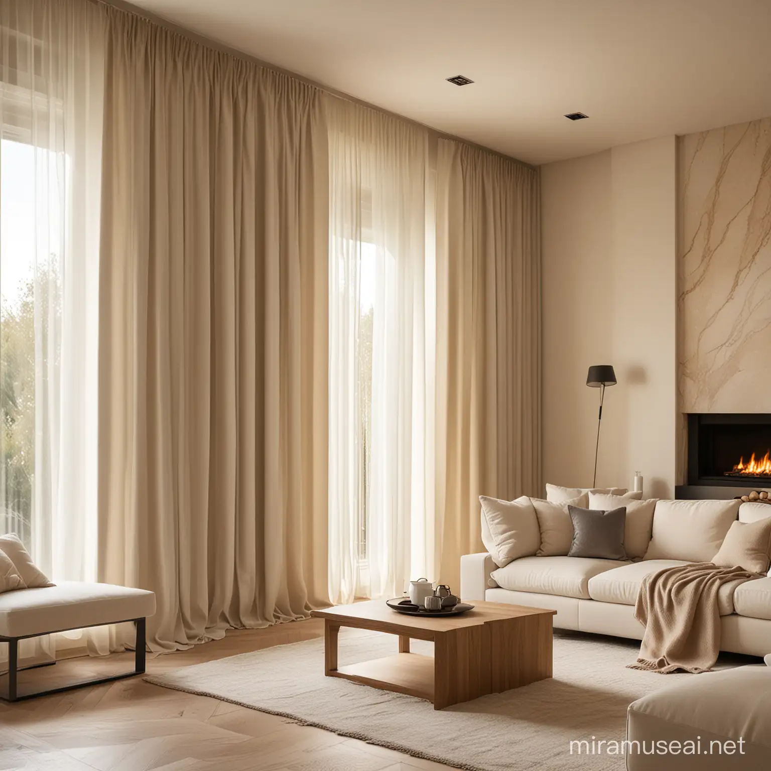 Contemporary Living Room with Soft OffWhite Dcor and Warm Oak Furniture