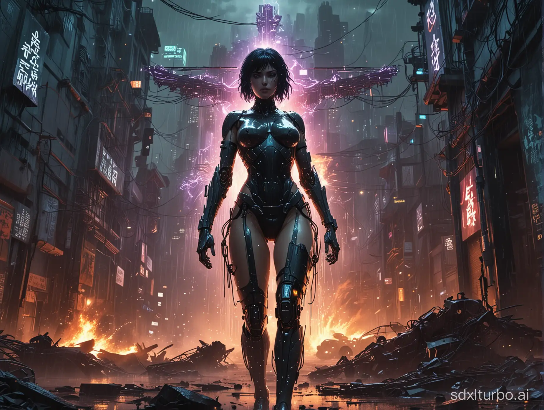 ghost in the shell artstyle, dark rainy night in a cyberpunk city, broken destroyed decrepit robots are bowing before a cybernetic witch is being burned at the stake, flames rising with wires and sparkles, a cyberpunk religious cross is floating above in the dark spiralling sky