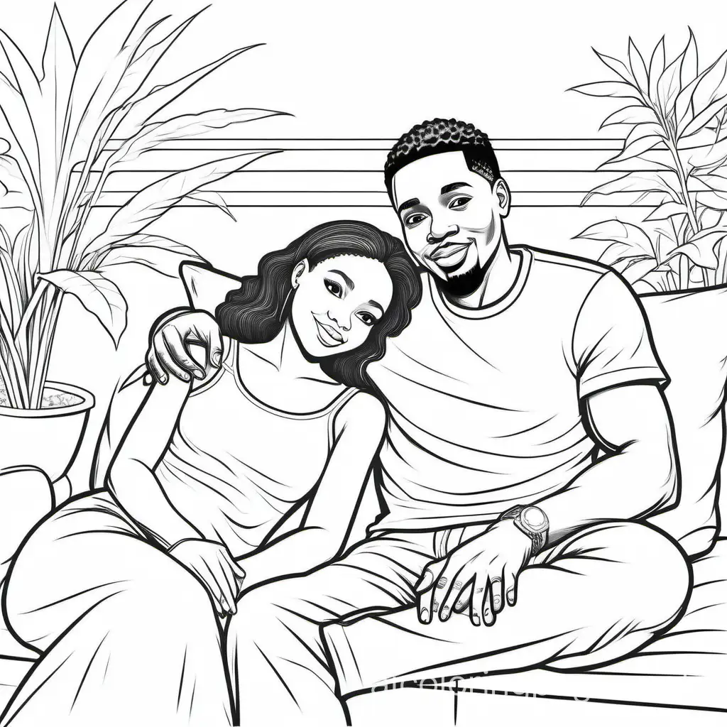black and white coloring pages with black couples relaxing, Coloring Page, black and white, line art, white background, Simplicity, Ample White Space. The background of the coloring page is plain white to make it easy for young children to color within the lines. The outlines of all the subjects are easy to distinguish, making it simple for kids to color without too much difficulty