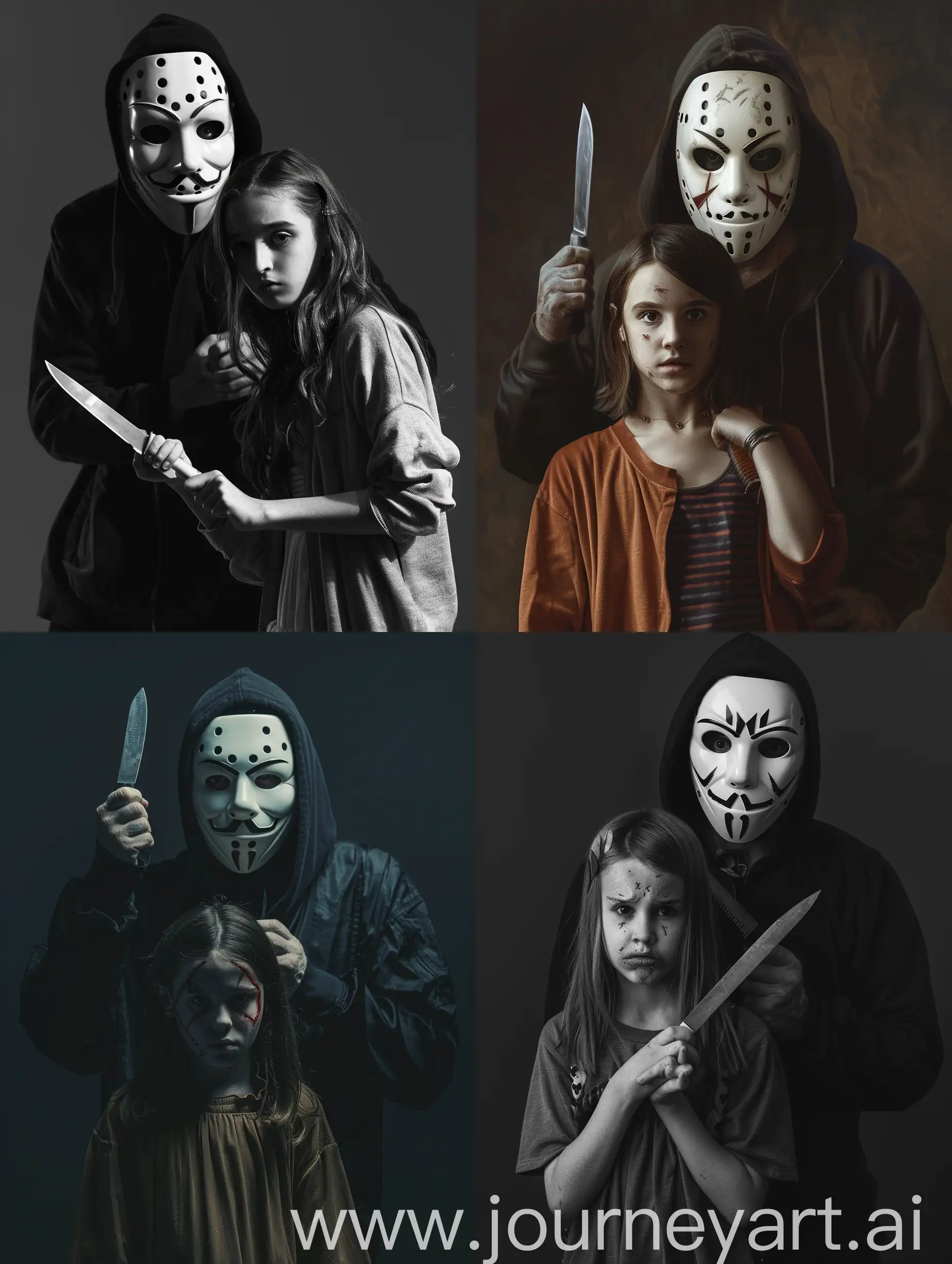 The killer in the Scream mask holds a knife in his hand, standing behind a young girl, her prototype is actress Zoey Deutsch, realism, cinematic style